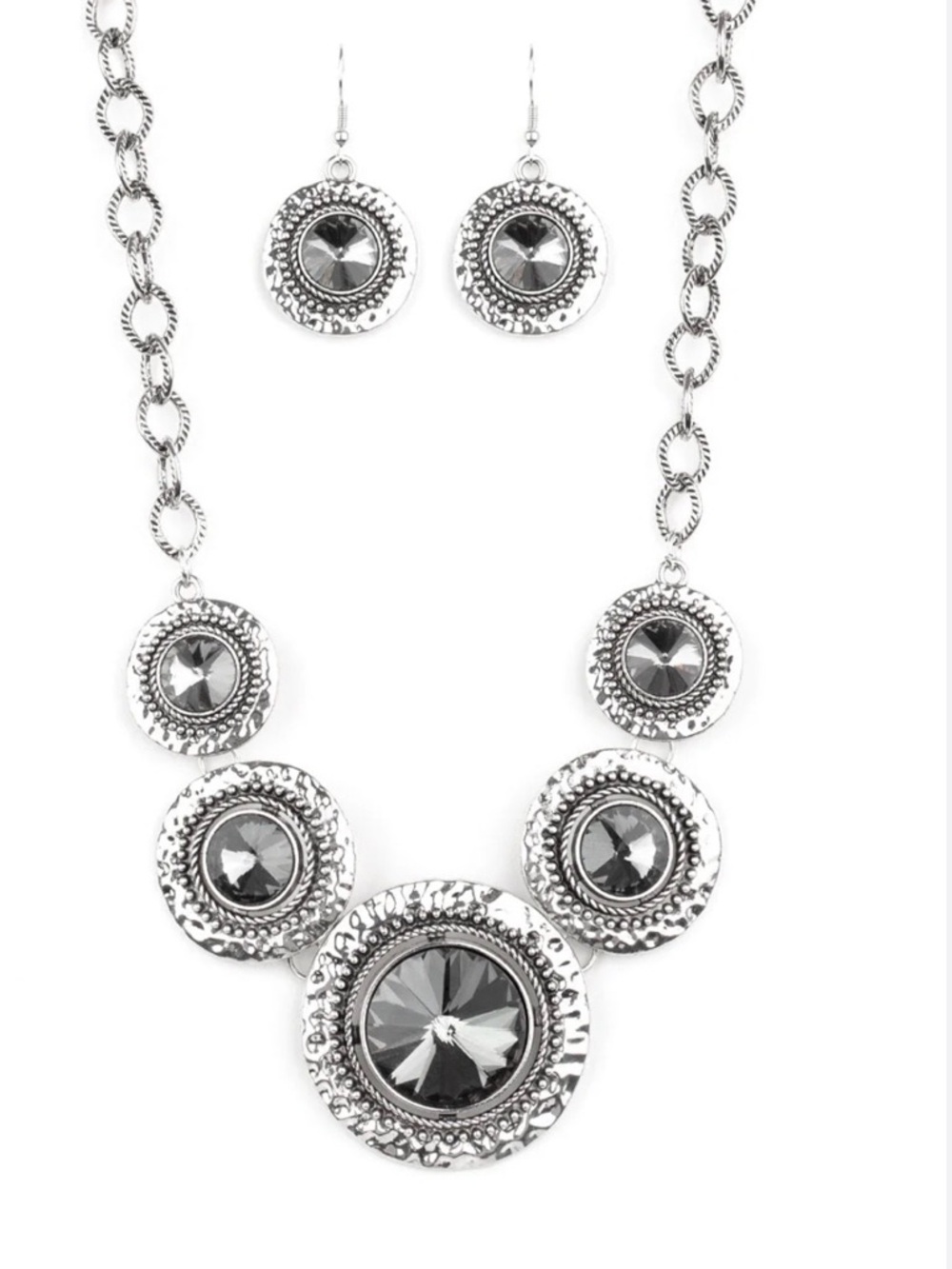 Silver-Tone Statement Necklace and Earring Set with Gray Crystals